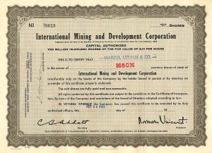 International Mining and Development Corporation - Stock Certificate
